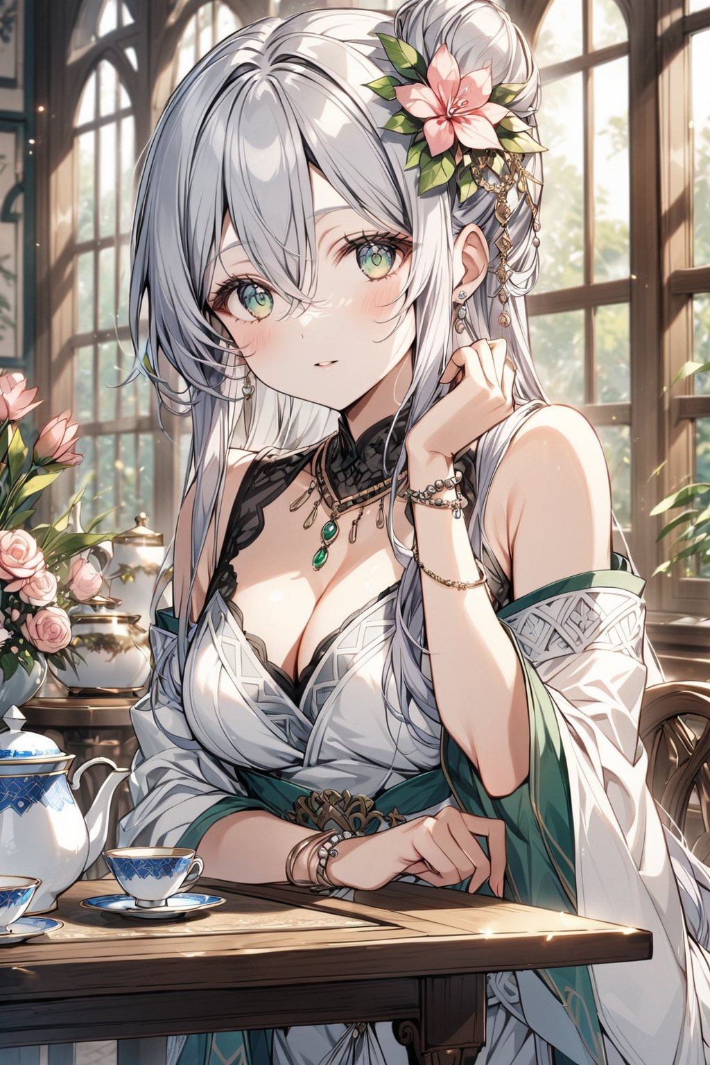 1girl, solo, long hair, breasts, looking at viewer, bangs, hair ornament, long sleeves, dress, cleavage, hair between eyes, bare shoulders, jewelry, medium breasts, very long hair, green eyes, upper body, flower, grey hair, parted lips, indoors, hand up, hair flower, wide sleeves, necklace, off shoulder, hair bun, white dress, blurry, bracelet, cup, window, depth of field, blurry background, table, single hair bun, pink flower, teacup, beads, teapot, tea