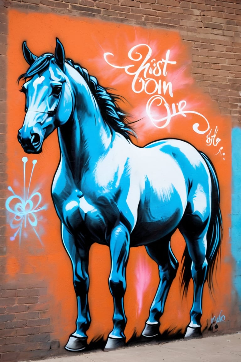 #Pastel, #dry chalk drawing, #chalk on paper, #chalk shading, #chalk drawing, #tinted paper, #colored chalk drawing, #chalk shading.  graffiti, graffiti on brick wall, graffiti on wall, spray painting on wall, colored graffiti. solo, full body, horns, no humans, single horn, horse