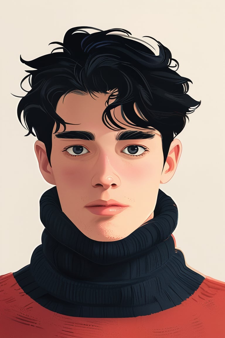 solo, looking at viewer, simple background, black hair, 1boy, upper body, male focus, black eyes, sweater, turtleneck, realistic