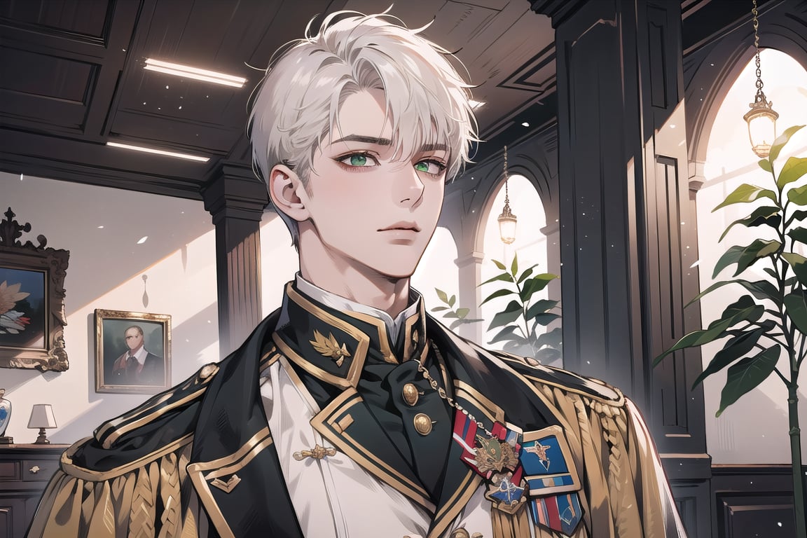 1 teen boy, solo, ((white short hair)), green eyes, mature, ((small shoulder: 0.6)), handsome, angular jaw, thick neck, military, soldier, army, Uniform, by Raphael, masterpiece, upper body shot, magnificent indoor hall
