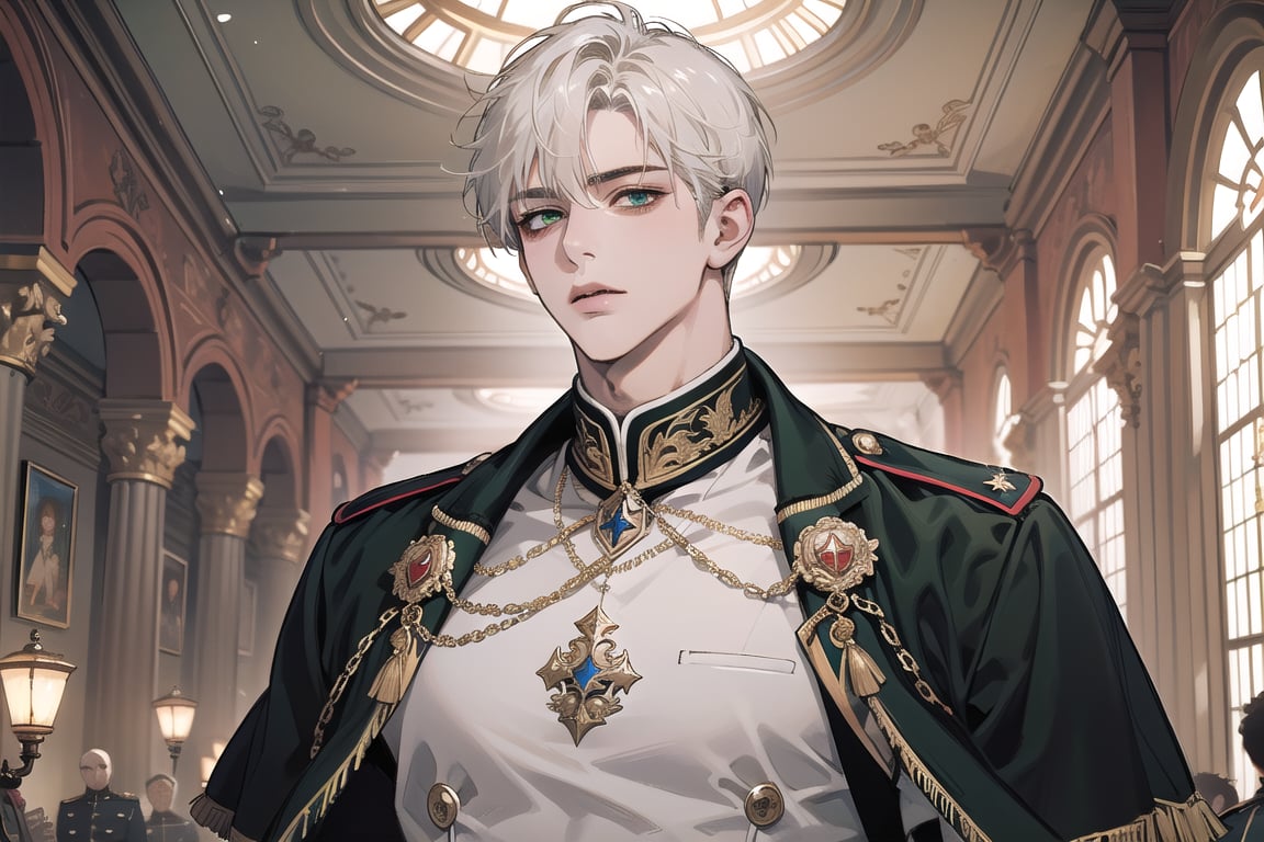 1 teen boy, solo, ((white short hair)), green eyes, mature, ((small shoulder: 0.4)), handsome, angular jaw, thick neck, military, soldier, army, Tunic, by Raphael, masterpiece, upper body shot, magnificent indoor hall
