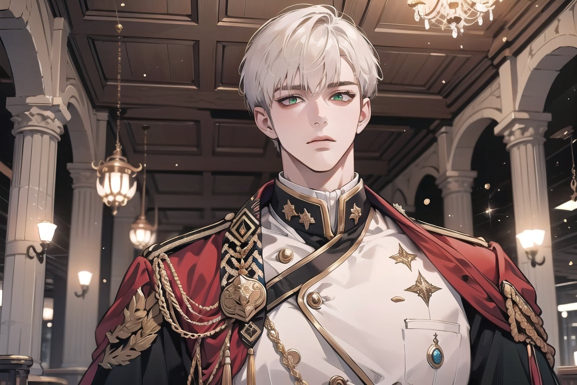 1 teen boy, solo, ((white short hair)), green eyes, mature, ((small shoulder: 0.6)), handsome, angular jaw, thick neck, military, soldier, army, Uniform, by Raphael, masterpiece, upper body shot, magnificent indoor hall
