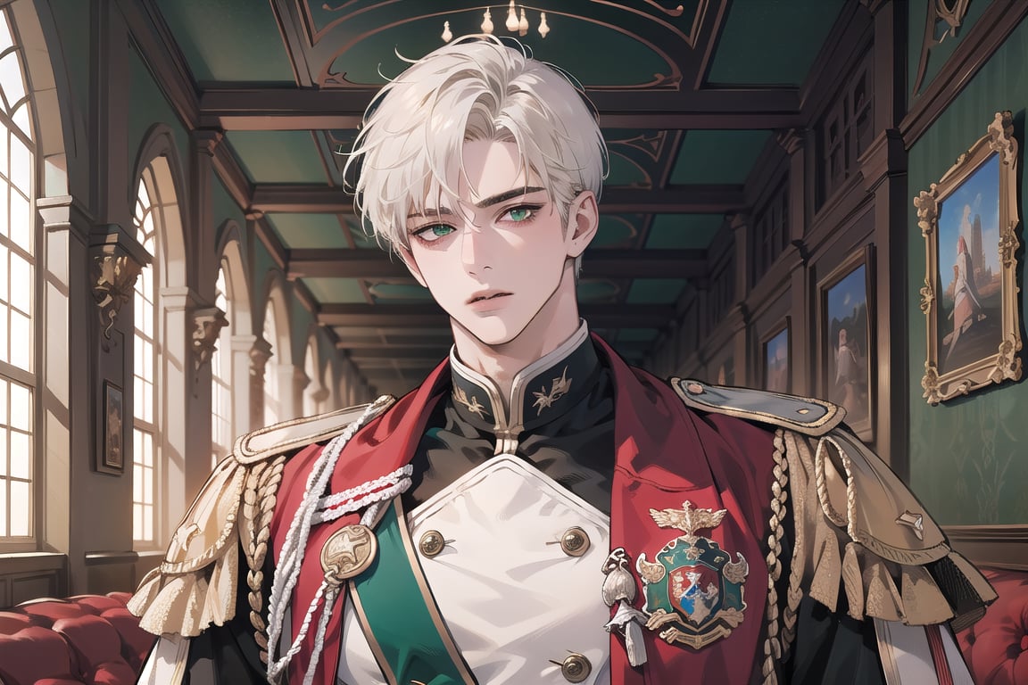 1 teen boy, solo, ((white short hair)), green eyes, mature, ((small shoulder: 0.6)), handsome, angular jaw, thick neck, military, soldier, army, Tunic, by Raphael, masterpiece, upper body shot, magnificent indoor hall
