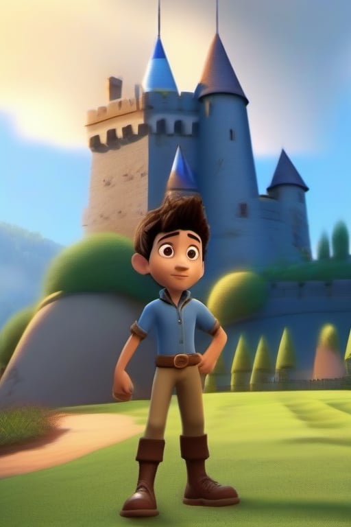 Create a pixar 3d animation image, the character is a boy with brown hair, blue eyes, light skin tone, wearing, a blue  shirt, khaki pants, and black warriors. Ardi and the wolf marveled at the castle’s beauty. Ensure the illustration has a warm and .jpg