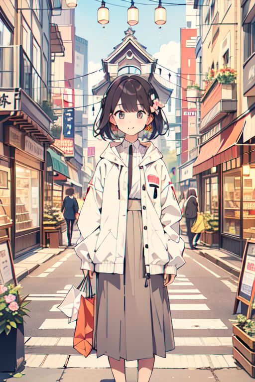 "Japanese illustration, flat style, cute and simple, fresh colors, modern urban scene. Full-body view of a young woman with short hair and her boyfriend, holding bubble tea and shopping bags. Both are wearing oversized, multi-layered outfits with a white inner layer as the main piece, and outer jackets. The woman is wearing a mid-length skirt. The background features a shopping street with flowers and geometric shapes. The image should be high resolution, suitable for a book cover."