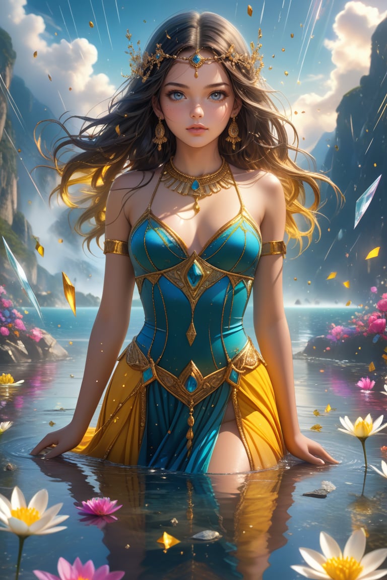 Sexy, close up, Show her half full body, A highly detailed and powerful image of A divine beautiful young girl with a golden smoke aura stood on the surface of the clear water. The shattered glass sky falls to the ground. The flowers are blooming in many different colors. A misty breeze of tiny sparks. vivid style, ultra hyper quality. Ultra hyper intricate detail. Majestic. fantasy. 8k resolution.