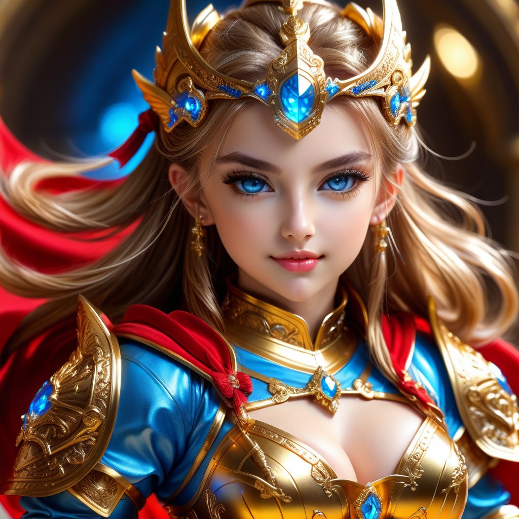 Ultra hyper intricate detail. Magnificent. Majestic. Meticulous. Beautiful young sweet face sexy girl. gentle smile. glowing blue eyes. twin ponytails highlights hair. She has extra gigantic bust. Wears Golden glasses. Golden Divine knight mini crystal armor and with red cloth. She held her sword firmly in her hand and prepared to fight like an expert in combat.