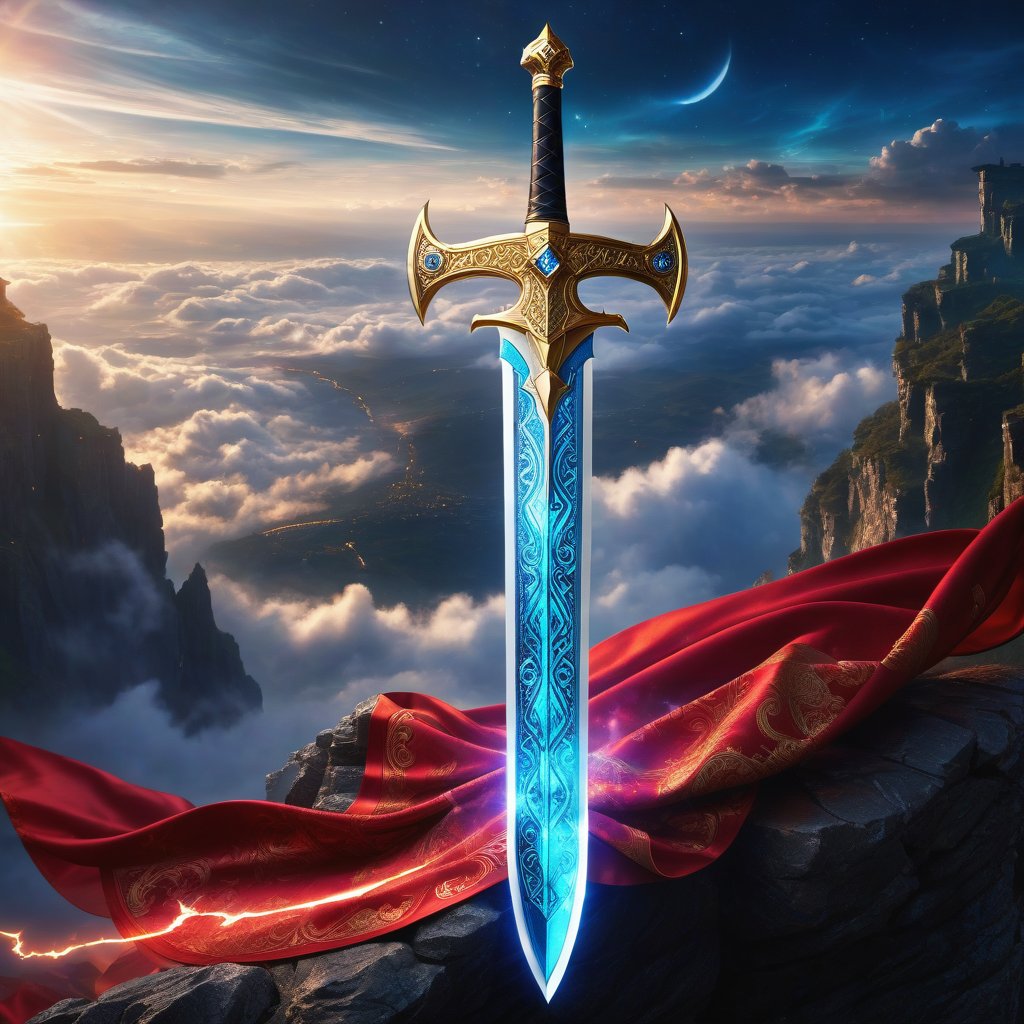 Epic, Magnificent, Majestic, Meticulous, A legendary magic knight sword. The hilt is made of gold with glowing cosmic engravings, blended with complex mechanism. The fuller of the blade is crystalline, glowing blue along with Runic alphabet. on a cliff high above the clouds. The sky mixed the universe. twinkling divine lights and holy lightning illuminating it from above. The red cloth tied to the sword's hilt blowing in the wind. Cycle of the twelve zodiac signs. ultra hyper iridescent, ultra hyper luminescent, ultra hyper intricate detail. steampunk engine. 