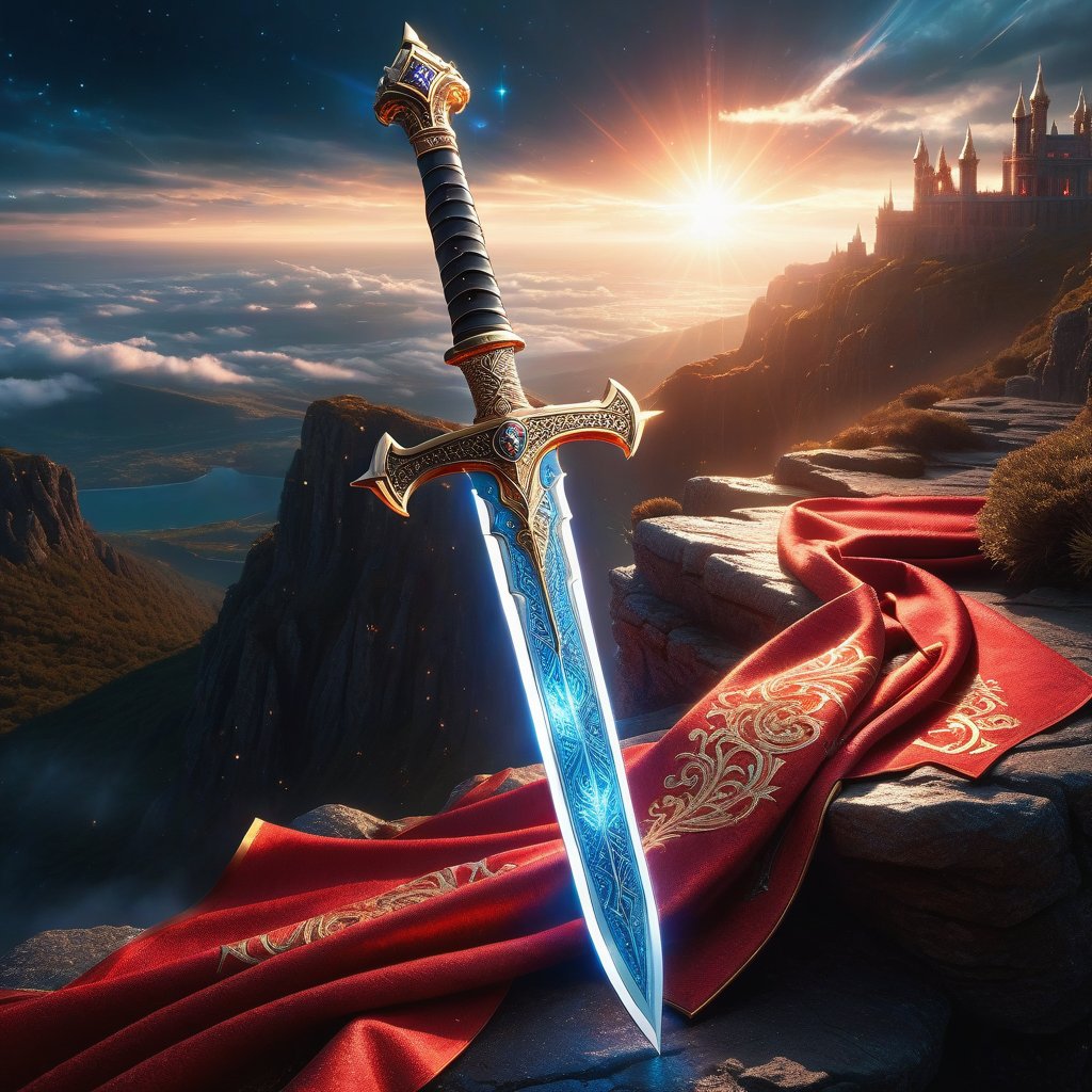 Epic, Magnificent, Majestic, Meticulous, A legendary magic knight sword. The hilt is made of gold with glowing cosmic engravings, blended with complex mechanism. The fuller of the blade is crystalline, glowing blue along with Runic alphabet. on a cliff high above the clouds. The sky mixed the universe. twinkling divine lights and holy lightning illuminating it from above. The red cloth tied to the sword's hilt blowing in the wind. Cycle of the twelve zodiac signs. ultra hyper iridescent, ultra hyper luminescent, ultra hyper intricate detail. steampunk engine. 