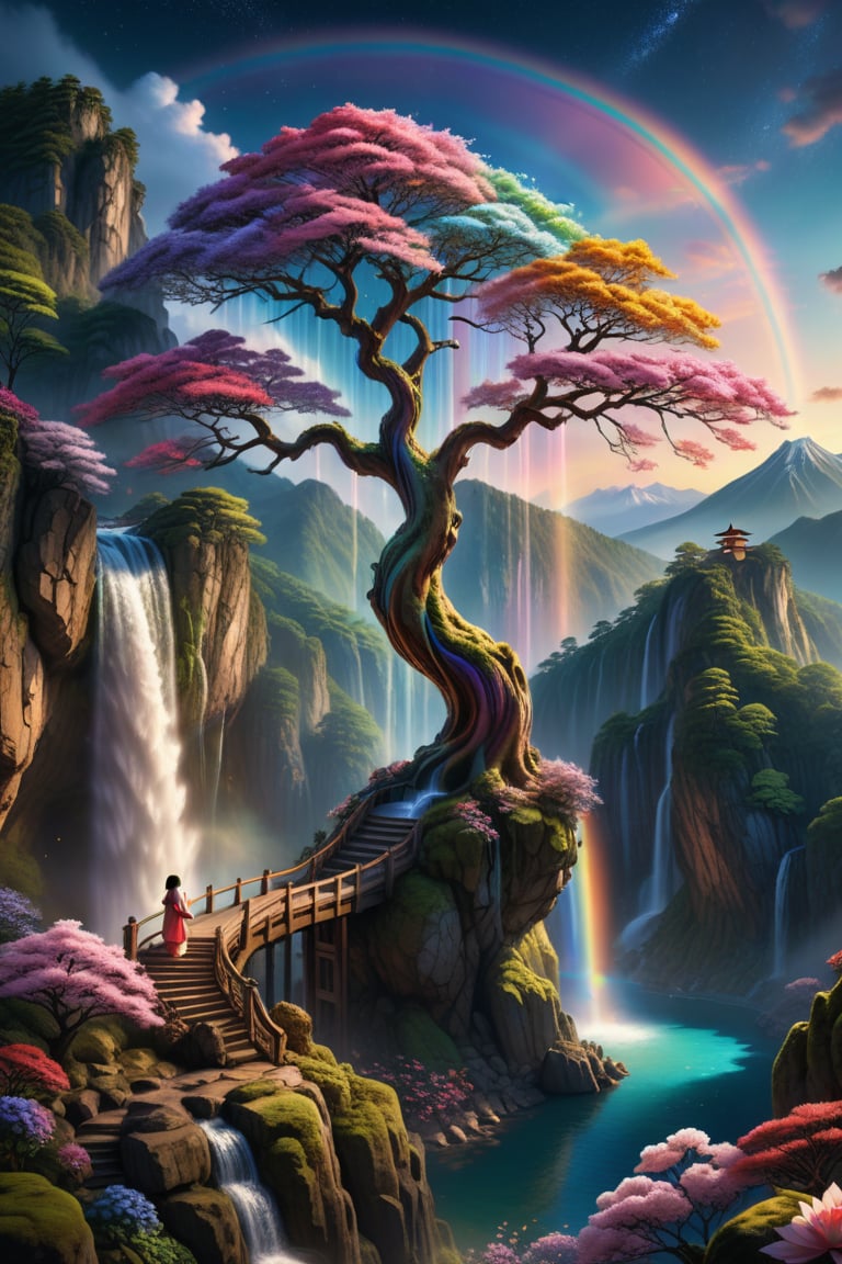 A highly detailed and powerful image of A breathtaking and surreal scene of an ancient, gigantic rainbow tree with a trunk shaped like a miko(Japan)cute girl. The tree stands on the edge of a spring mountain cliff, with a massive waterfall flowing from the tree into a serene lake below. Glowing, colorful flowers bloom around the tree, lighting up the night with a soft glow. The scene is bathed in the gentle light of sunset, with stars filling the sky. The overall atmosphere is magical and awe-inspiring, with the tree's feminine form clearly visible and seamlessly integrated into the natural landscape, masterpiece, photorealistic, Perfect lighting, ultra hyper quality. Ultra hyper intricate detail. Majestic. fantasy. 8k resolution.