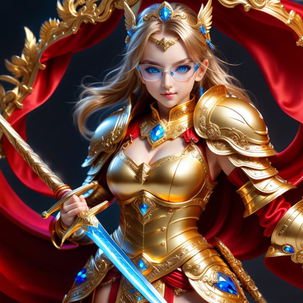 Ultra hyper intricate detail. Magnificent. Majestic. Meticulous. Beautiful young sweet face sexy girl. gentle smile. glowing blue eyes. twin ponytails highlights hair. She has extra gigantic bust. Wears Golden glasses. Golden Divine knight mini crystal armor and with red cloth. She held her sword firmly in her hand and prepared to fight like an expert in combat.