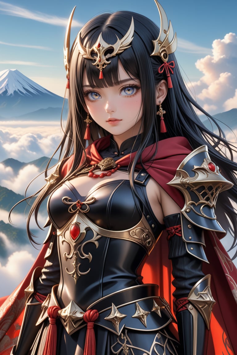 Sexy, close up, Show her half full body, A highly detailed and powerful image of A Beautiful mysterious sweet face young japan little girl with a gothic aesthetic, face has high definition. glowing eyes. long straight black hair streaked with blonde hair, blunt bangs, adorned with hair clips. Mask. Wears a divine Valkyrie full armor. red shawl. She standing gracefully on Hill above the clouds, unimaginably beautiful. Fantastic, ultra hyper quality. Ultra hyper intricate detail. Majestic. fantasy. 8k resolution.