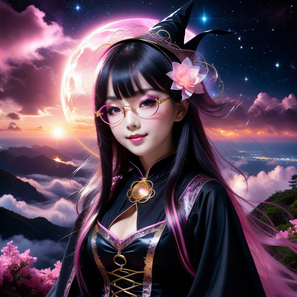 A black-pink witch is mysterious and elegant beautiful young loli japan sweet face with gothic aesthetic, Her face has high definition. glowing cosmic eyes. Hair covering on one her eye, straight highlights with blunt bangs. golden glasses. Smiling gently. She has extra gigantic bust. She practicing spells on the cliff above the clouds. black on white smoke layer. The sunset mixed the night seen universe. Divine lightning. ultra hyper intricate detail.