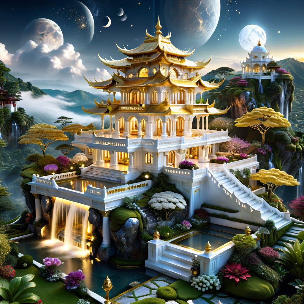 Epic, Ultra hyper intricate detail, ultra-sharp, Fantasy, Heavenly A miracle white marble and glowing golden Queen house. The house is located on Hill above the clouds. features a clear reflecting small pool. a garden with various flowers, waterfalls. small river and a pavilion for sitting and drinking tea prominently located in the garden. The night moonlight mixed cosmic universe.