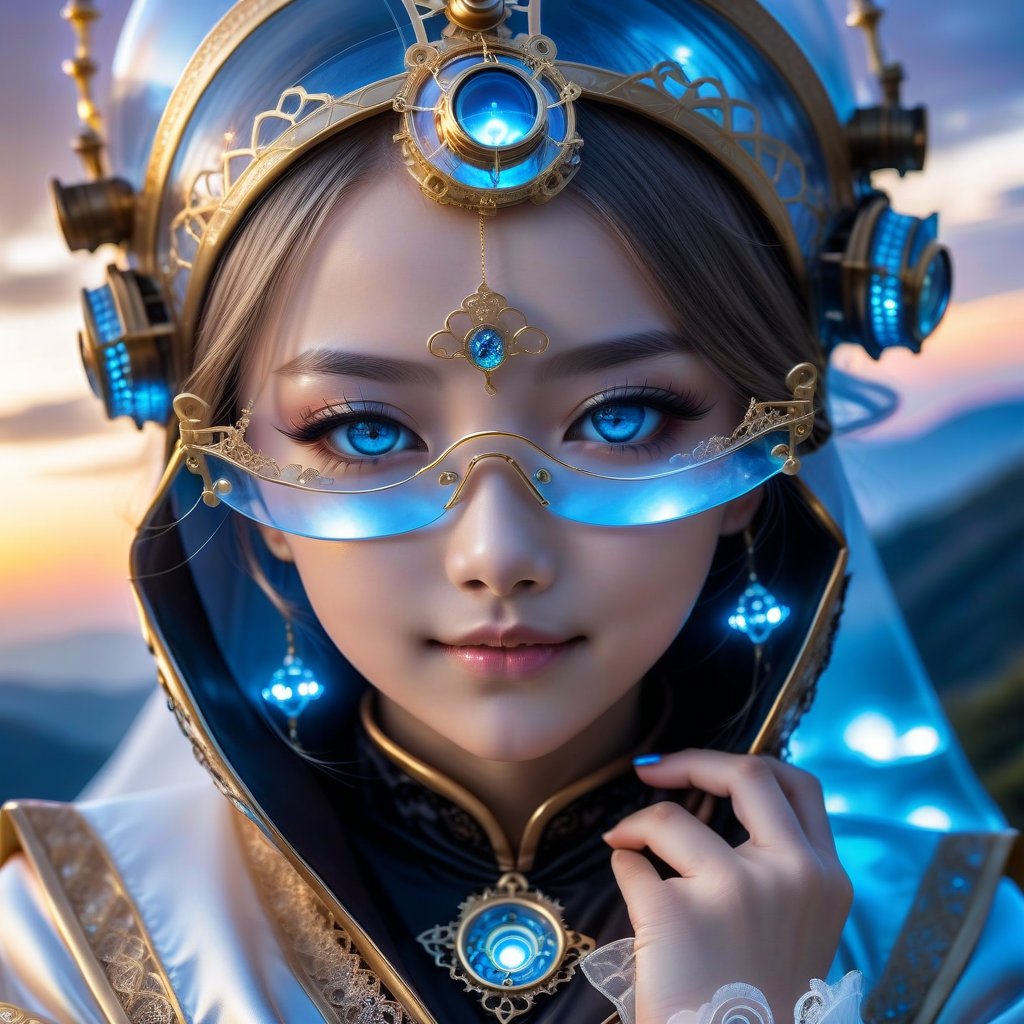 Close up. Mysterious and elegant personality, Beautiful young sweet face loli Japan half euro girl. smile. glowing blue cosmic eyes. highlights hair. Golden glasses. translucent nun. She praying on hill above the clouds. translucent gloves. She has extra gigantic bust. ultra hyper intricate detail. Sunset mixed night. black on white smoke layer. steampunk engine.