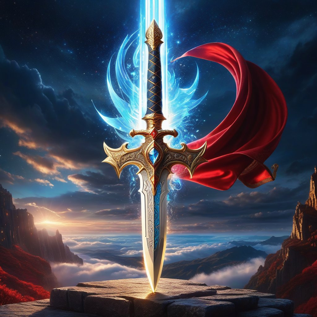 Epic, Magnificent, Majestic, Meticulous, A legendary magic knight sword. The hilt is made of gold with glowing cosmic engravings, blended with complex mechanism. The fuller of the blade is crystalline, glowing blue along with Runic alphabet. on a cliff high above the clouds. The sky mixed the universe. twinkling divine lights and holy lightning illuminating it from above. The red cloth tied to the sword's hilt blowing in the wind. Cycle of the twelve zodiac signs. ultra hyper iridescent, ultra hyper luminescent, ultra hyper intricate detail. steampunk engine. 