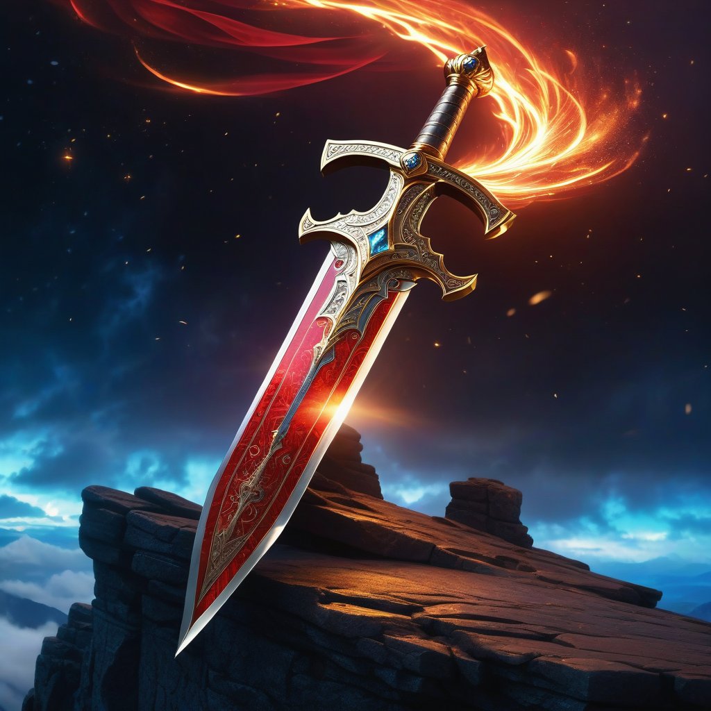 Epic, Magnificent, Majestic, Meticulous, A legendary magic knight sword. The hilt is made of gold with glowing cosmic engravings, blended with complex mechanism. The fuller of the blade is crystalline, glowing blue along with Runic alphabet. on a cliff high above the clouds. The sky mixed the universe. twinkling divine lights and holy lightning illuminating it from above. The red cloth tied to the sword's hilt blowing in the wind. Cycle of the twelve zodiac signs. ultra hyper iridescent, ultra hyper luminescent, ultra hyper intricate detail. steampunk engine. 