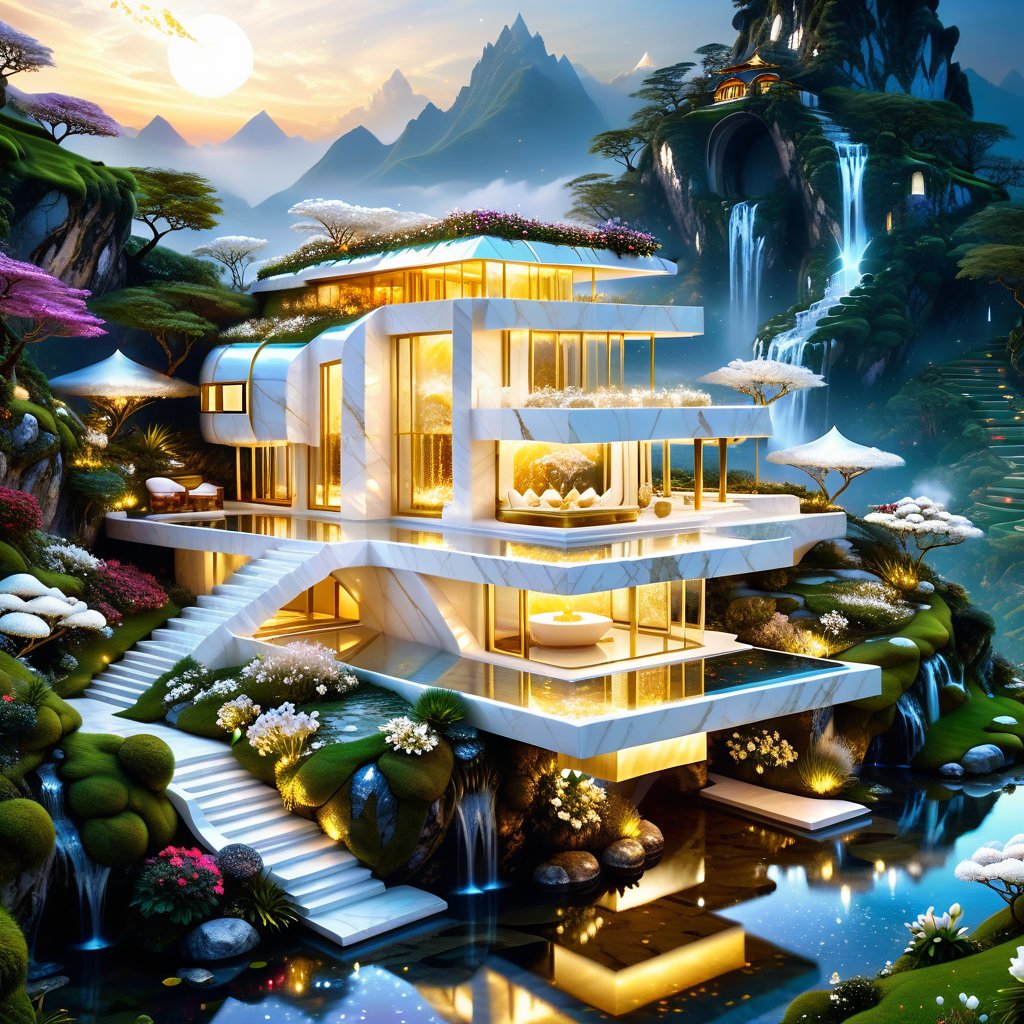 Epic, Ultra hyper intricate detail, ultra-sharp, Fantasy, A magic white marble and glowing golden house. The house is located on Hill above the clouds. features a clear reflecting small pool. a garden with various flowers, waterfalls. small river and a pavilion for sitting and drinking tea prominently located in the garden. The night moonlight mixed cosmic universe.