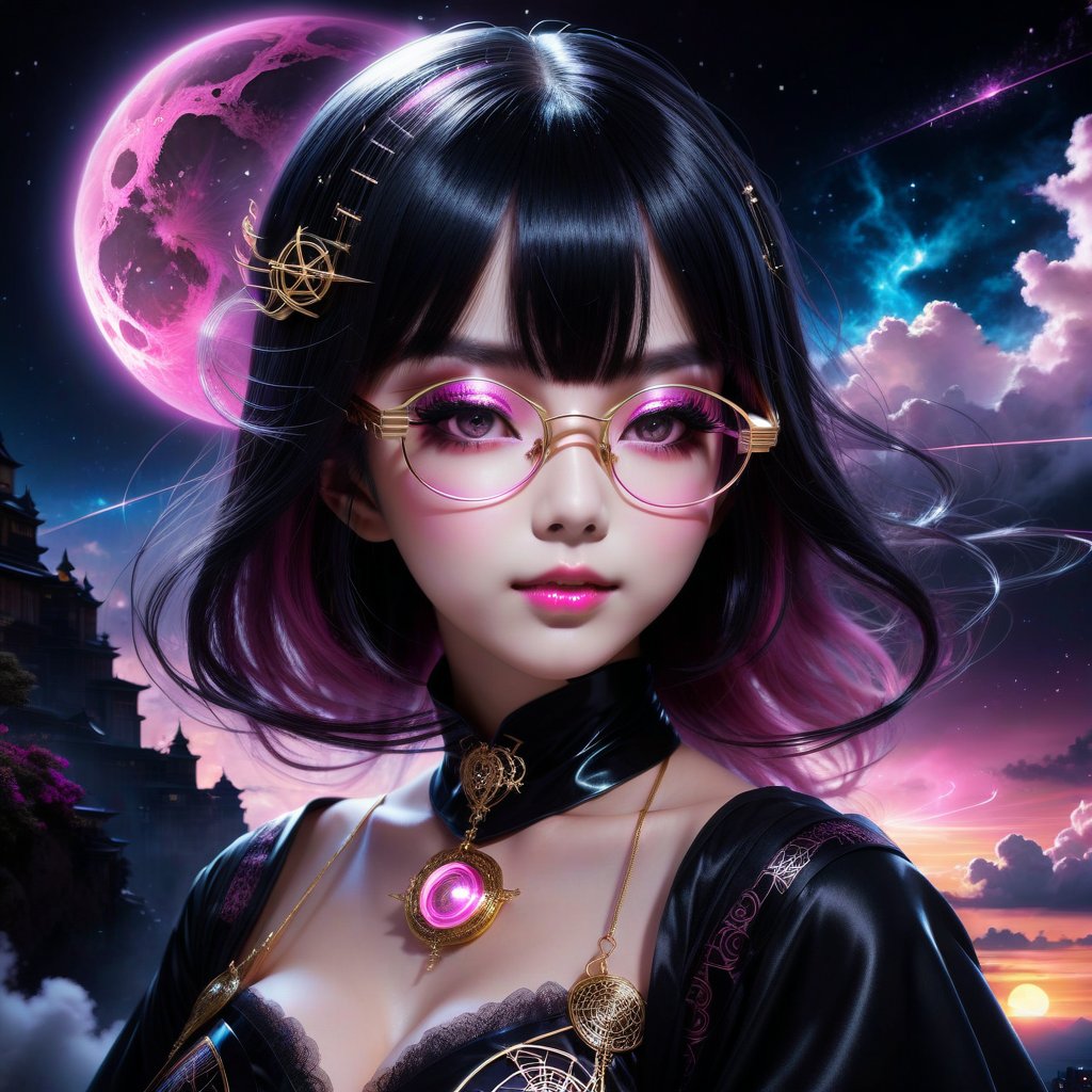 A black-pink witch is mysterious and elegant beautiful young loli japan sweet face with gothic aesthetic, Her face has high definition. glowing cosmic eyes. Hair covering on one her eye, straight highlights with blunt bangs. golden glasses. Smiling gently. She has extra gigantic bust. She practicing spells on the cliff above the clouds. black on white smoke layer. The sunset mixed the night seen universe. Divine lightning. ultra hyper intricate detail. Cyberpunk.