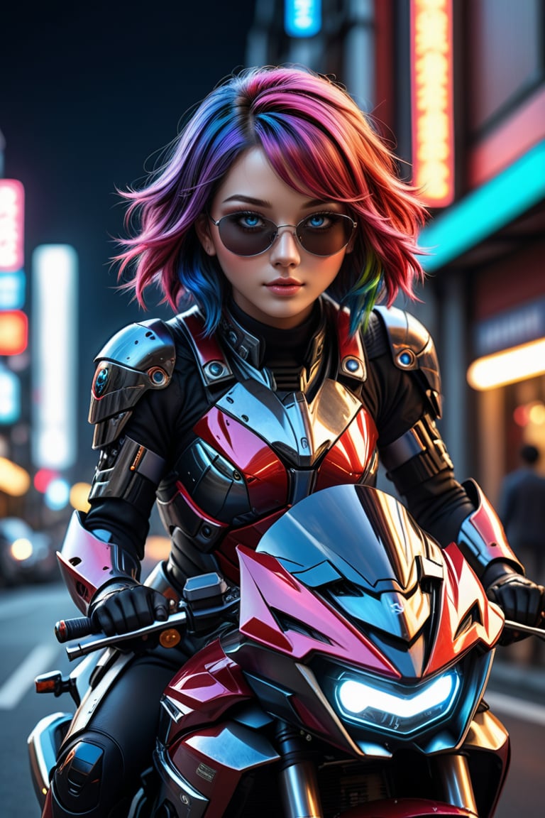 Sexy, A highly detailed and powerful image of a cyborg sweet face Japan gothic little girl in mecha armor,black and red colored armor,neon light lines glowing,exquisite face,She is very badass,Smiling sarcastically,soft shiny skin,rainbow hair blowing,blue eyes, sunglasses, riding a motor cycle,kawasaki ninja h2r at high speed, moonlight city street backdrop, dynamic pose, focused expression,realistic,detailed,masterpiece,best quality,sharp focus,high contrast,rule of thirds,depth of perspective,trending on artstation,chiaroscuro lighting, ek_ph0t0_b00ster,ek_art_b00ster,beauy_ks01, masterpiece, photorealistic, Perfect lighting, ultra hyper quality. Ultra hyper intricate detail. Majestic. fantasy. 8k resolution.