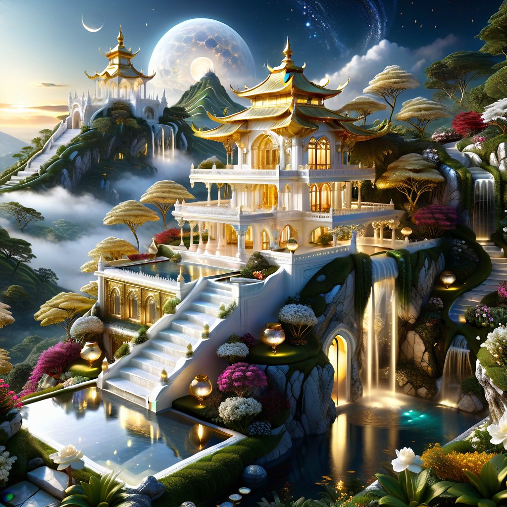 Epic, Ultra hyper intricate detail, ultra-sharp, Fantasy, Heavenly A miracle white marble and glowing golden Queen house. The house is located on Hill above the clouds. features a clear reflecting small pool. a garden with various flowers, waterfalls. small river and a pavilion for sitting and drinking tea prominently located in the garden. The night moonlight mixed cosmic universe.