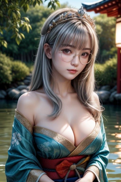 A tranquil scene unfolds: Sexy, A beautiful young gentle face gothic loli girl. Hime Cut light silver hair. golden glowing eyes. gold frame glasses. cosmic crystal crown. She has extra gigantic bust, an extremely large, naturally full and round bust. in traditional kimono kneels on a serene riverbank, hands releasing a Toro nagashi into the gentle current as warm sunlight softly illuminates her contemplative face amidst Japanese-inspired patterns. Composition: the subject's figure is centered, with the river and lanterns radiating outward from her. Watercolor brushstrokes blend soft hues of blue and green, reflecting the serene atmosphere. Warm light casts a peaceful ambiance, as vibrant lanterns drift lazily across the water's surface, their soft glow adding to the tranquil scene. (((medium shot, portrait))), with high-definition detail and accuracy. ultra hyper quality. perfect realistic anatomy. Ultra hyper intricate detail. Magnificent. Majestic. Meticulous. fantasy. ultra-sharp. 8k resolution. vivid style.