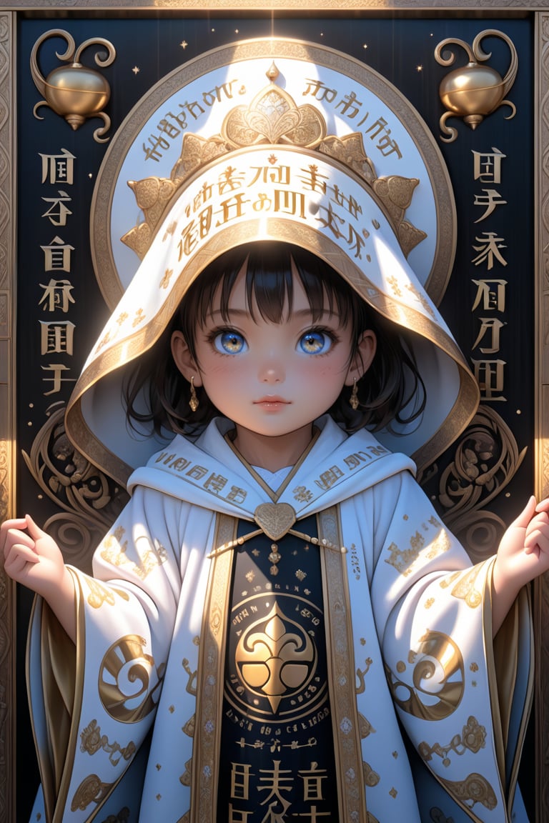 A highly detailed and powerful image of A large sign with((printed words "Wishing you always happiness and good health"))clearly and accurately written on it. This sign on front of A little girl who hides her beauty face in beneath the shadow of a mysterious robe she wears. ultra hyper quality. Ultra hyper intricate detail. Majestic. fantasy. 8k resolution.