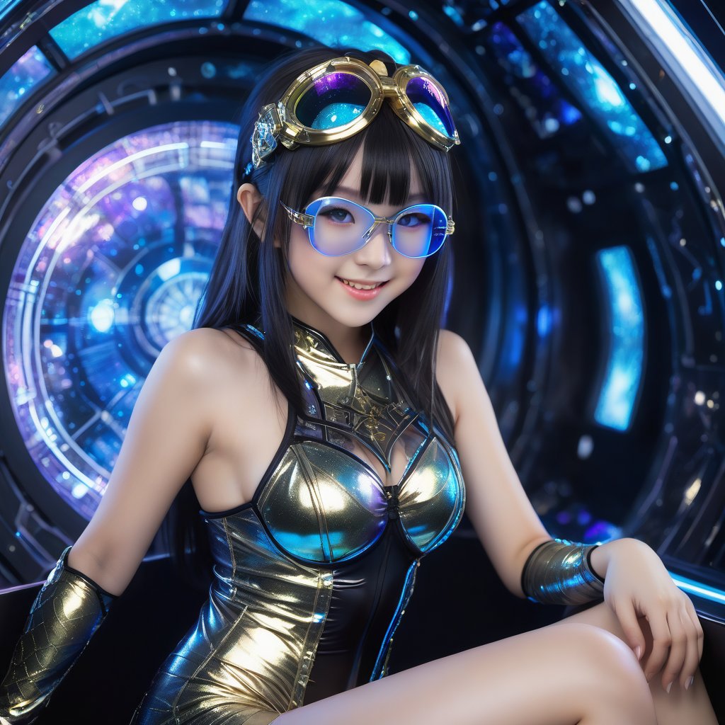 Epic Magnificent Majestic Meticulous, Only beautiful young japan sweet face loli girl with a gothic aesthetic, Her face has high definition, smiling gently. has highlights straight hair, glowing bright blue eyes. She wearing a golden cyber glasses. She wears mini wet Divine Valkyrie swimsuit and translucent cloth adorns the outfit. her pose is natural and elegant. She was sitting with her legs spread seductively, sexy in a space warship. She has extra gigantic bust, an extremely large, naturally full and round bust. ultra hyper iridescent, ultra hyper luminescent, ultra hyper intricate detail. on a spaceship with large windows showing the outer space view.