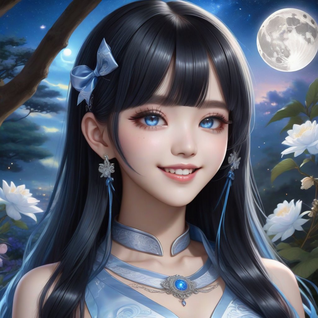 Show her half her body. The sky mixed the universe and has a full moon. Only beautiful sweet face young japan with a gothic aesthetic, Her face has high definition. Wear glasses. She was smiling charmingly and her canine teeth were visible. She has long straight black hair with blunt bangs, adorned with silver hair clips. glowing blue eyes. wore a high realistic Majestic long skirt that was intricately woven with a white emblem and decorated with light blue ribbons. She has a powerful aura. her pose is natural and elegant, She has an extremely large, naturally full and round bust. In the garden where the most beautiful flowers in the world gather., ultra hyper iridescent, ultra hyper luminescent, ultra hyper intricate detail.