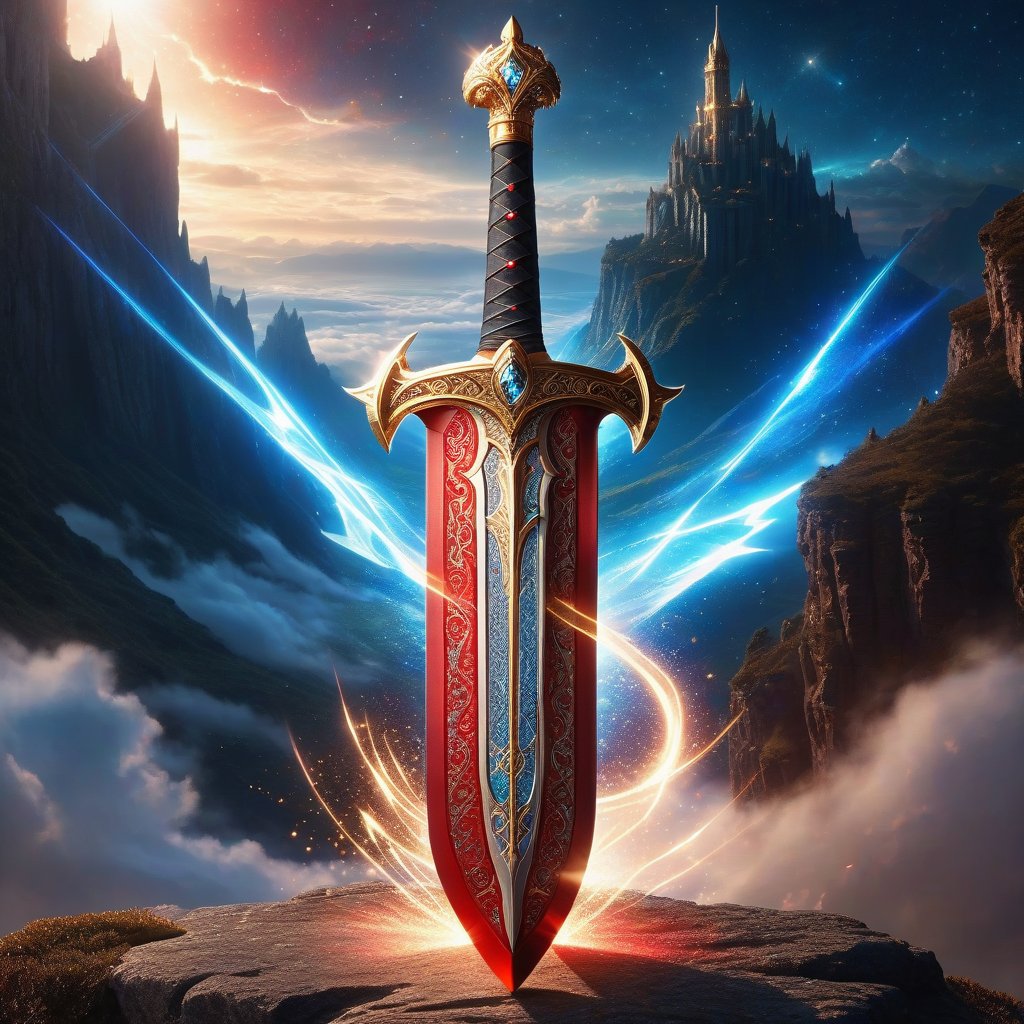 Epic, Magnificent, Majestic, Meticulous, A legendary magic knight sword. The hilt is made of gold with glowing cosmic engravings, blended with complex mechanism. The fuller of the blade is crystalline, glowing blue along with Runic alphabet. on a cliff high above the clouds. The sky mixed the universe. twinkling divine lights and holy lightning illuminating it from above. The red cloth tied to the sword's hilt blowing in the wind. Cycle of the twelve zodiac signs. ultra hyper iridescent, ultra hyper luminescent, ultra hyper intricate detail. steampunk engine. 