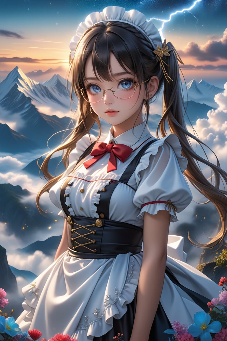 Sexy, close up, Show her half full body, A highly detailed and powerful image of Standing on a cliff above the clouds. sunset mixed with a night filled with stars. Mysterious beautiful young japan sweet face little girl. big glowing blue eyes and long thick eyelashes. Golden glasses. Hair covering eyes. highlights twin ponytails. translucent maid dress and red cloth. black on white smoke layer. cosmic lightning. glacier and flowers mist, ultra hyper quality. Ultra hyper intricate detail. Majestic. fantasy. 8k resolution.