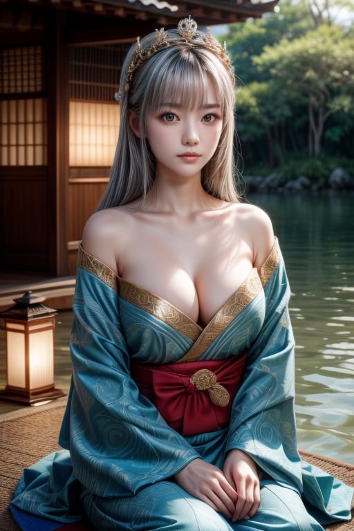 A tranquil scene unfolds: Sexy, A beautiful young gentle face thai gothic loli girl. Hime Cut light silver hair. golden glowing eyes. gold frame glasses. cosmic crystal crown. She has extra gigantic bust, an extremely large, naturally full and round bust. in traditional kimono kneels on a serene riverbank, hands releasing a Toro nagashi into the gentle current as warm sunlight softly illuminates her contemplative face amidst Japanese-inspired patterns. Composition: the subject's figure is centered, with the river and lanterns radiating outward from her. Watercolor brushstrokes blend soft hues of blue and green, reflecting the serene atmosphere. Warm light casts a peaceful ambiance, as vibrant lanterns drift lazily across the water's surface, their soft glow adding to the tranquil scene. (((medium shot, portrait))), with high-definition detail and accuracy. ultra hyper quality. perfect realistic anatomy. Ultra hyper intricate detail. Magnificent. Majestic. Meticulous. fantasy. ultra-sharp. 8k resolution. vivid style.