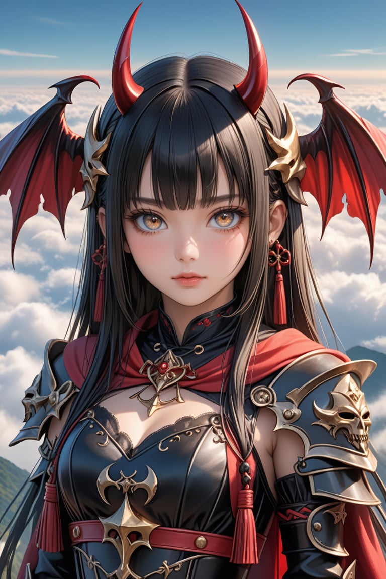 Sexy, close up, Show her half full body, A highly detailed and powerful image of A Beautiful mysterious sweet face young japan little girl with a gothic aesthetic, face has high definition. glowing eyes. long straight black hair streaked with blonde hair, blunt bangs, adorned with hair clips. Demon Mask. Wears a divine Valkyrie full armor. red shawl. She standing gracefully on Hill above the clouds, unimaginably beautiful. Fantastic, ultra hyper quality. Ultra hyper intricate detail. Majestic. fantasy. 8k resolution.