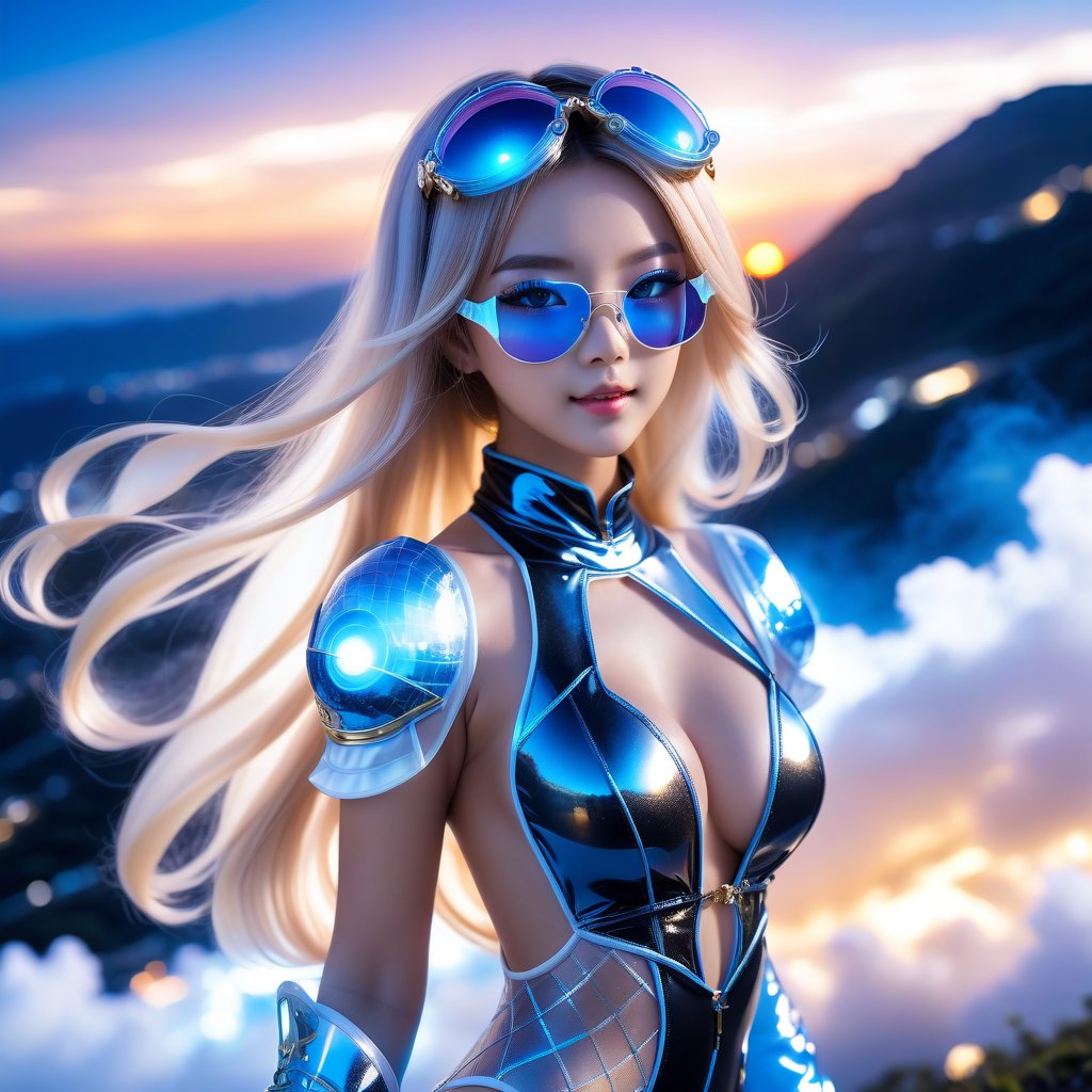 Close up. Mysterious and elegant personality, Beautiful young sweet face loli Japan half euro girl. smile. glowing blue cosmic eyes. highlights hair. Golden mech glasses. translucent fashion swimsuit. She is standing sexy on hill above the clouds. translucent gloves. She has extra gigantic bust. ultra hyper intricate detail. Sunset mixed night. black on white smoke layer.