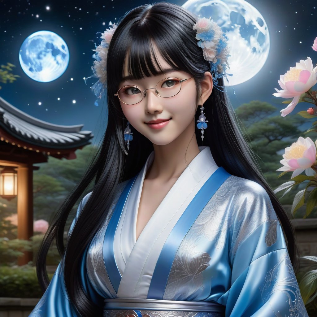 Close up. The sky mixed the universe and has a full moon. Only beautiful sweet face young japan with a gothic aesthetic, Her face has high definition. Wear glasses. She was smiling charmingly and her canine teeth were visible. She has long straight black hair with blunt bangs, adorned with silver hair clips. glowing blue eyes. wore a high realistic Majestic robe long skirt that was intricately woven with a white emblem and decorated with light blue ribbons. She has a powerful aura. her pose is natural and elegant, She has an extremely large, naturally full and round bust. In the garden where the most beautiful flowers in the world gather., ultra hyper iridescent, ultra hyper luminescent, ultra hyper intricate detail.