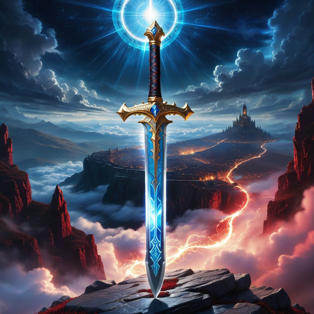 Epic, Magnificent, Majestic, Meticulous, A legendary magic knight sword. The hilt is made of gold with glowing cosmic engravings, blended with complex mechanism. The fuller of the blade is crystalline, glowing blue along with Runic alphabet. on a cliff high above the clouds. The sky mixed the universe. twinkling divine lights and holy lightning illuminating it from above. The red cloth tied to the sword's hilt blowing in the wind. Cycle of the twelve zodiac signs. ultra hyper iridescent, ultra hyper luminescent, ultra hyper intricate detail. steampunk engine. 