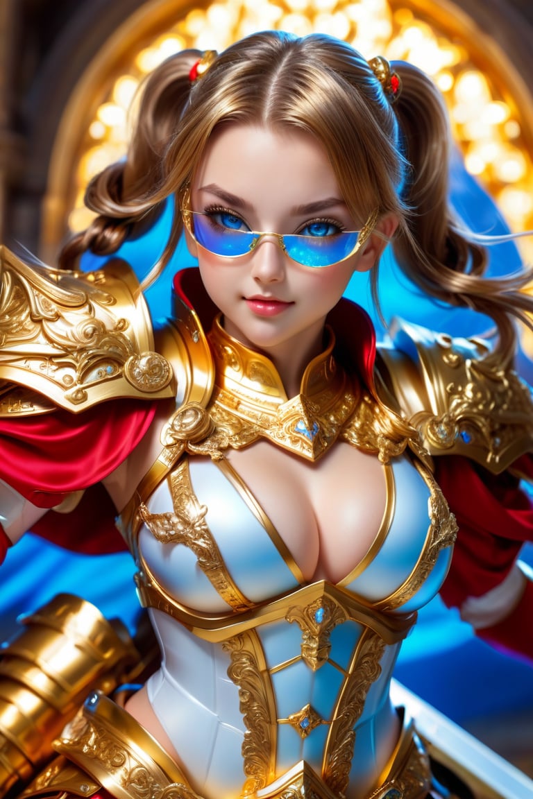 Ultra hyper intricate detail. Magnificent. Majestic. Meticulous. Beautiful young sweet face sexy girl. gentle smile. glowing blue eyes. twin ponytails highlights hair. She has extra gigantic bust. Wears Golden glasses. Golden Divine knight mini crystal armor and with red cloth. She held her sword firmly in her hand and prepared to fight like an expert in combat.