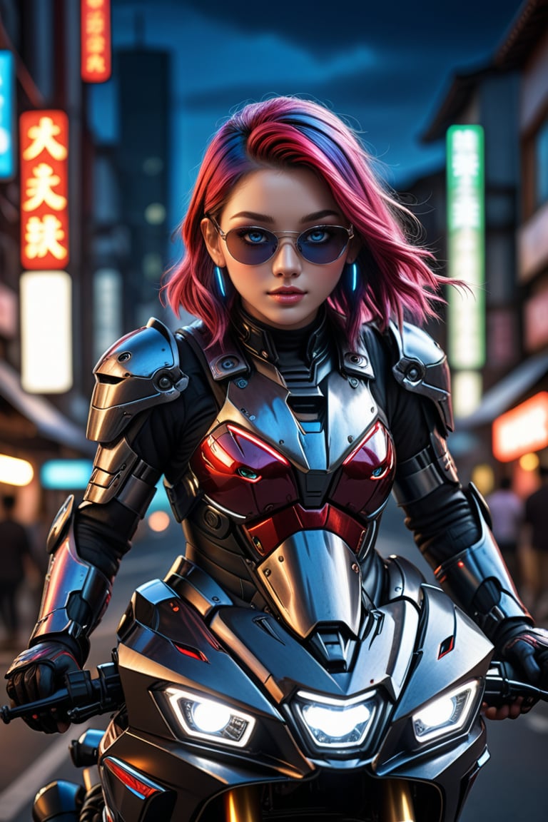 Sexy, A highly detailed and powerful image of a cyborg sweet face Japan gothic little girl in mecha armor,black and red colored armor,neon light lines glowing,exquisite face,She is very badass,Smiling sarcastically,soft shiny skin,rainbow hair blowing,blue eyes, sunglasses, riding a motor cycle,kawasaki ninja h2r at high speed, moonlight city street backdrop, dynamic pose, focused expression,realistic,detailed,masterpiece,best quality,sharp focus,high contrast,rule of thirds,depth of perspective,trending on artstation,chiaroscuro lighting, ek_ph0t0_b00ster,ek_art_b00ster,beauy_ks01, masterpiece, photorealistic, Perfect lighting, ultra hyper quality. Ultra hyper intricate detail. Majestic. fantasy. 8k resolution.