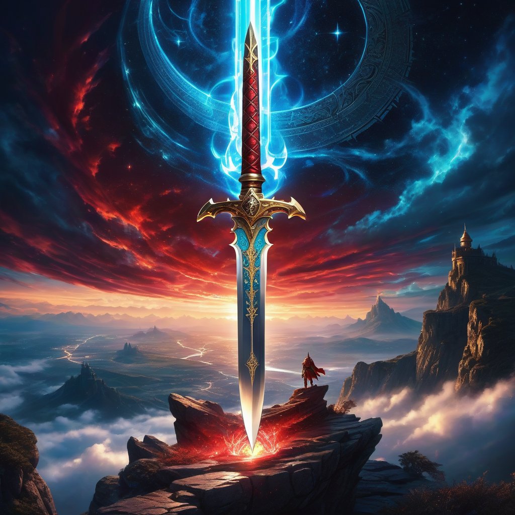 Epic, Magnificent, Majestic, Meticulous, A legendary magic knight sword. The hilt is made of gold with glowing cosmic engravings, blended with complex mechanism. The fuller of the blade is crystalline, glowing blue along with Runic alphabet. on a cliff high above the clouds. The sky mixed the universe. twinkling divine lights and holy lightning illuminating it from above. The red cloth tied to the sword's hilt fluttered in the wind. Cycle of the twelve zodiac signs. ultra hyper iridescent, ultra hyper luminescent, ultra hyper intricate detail. steampunk engine. 