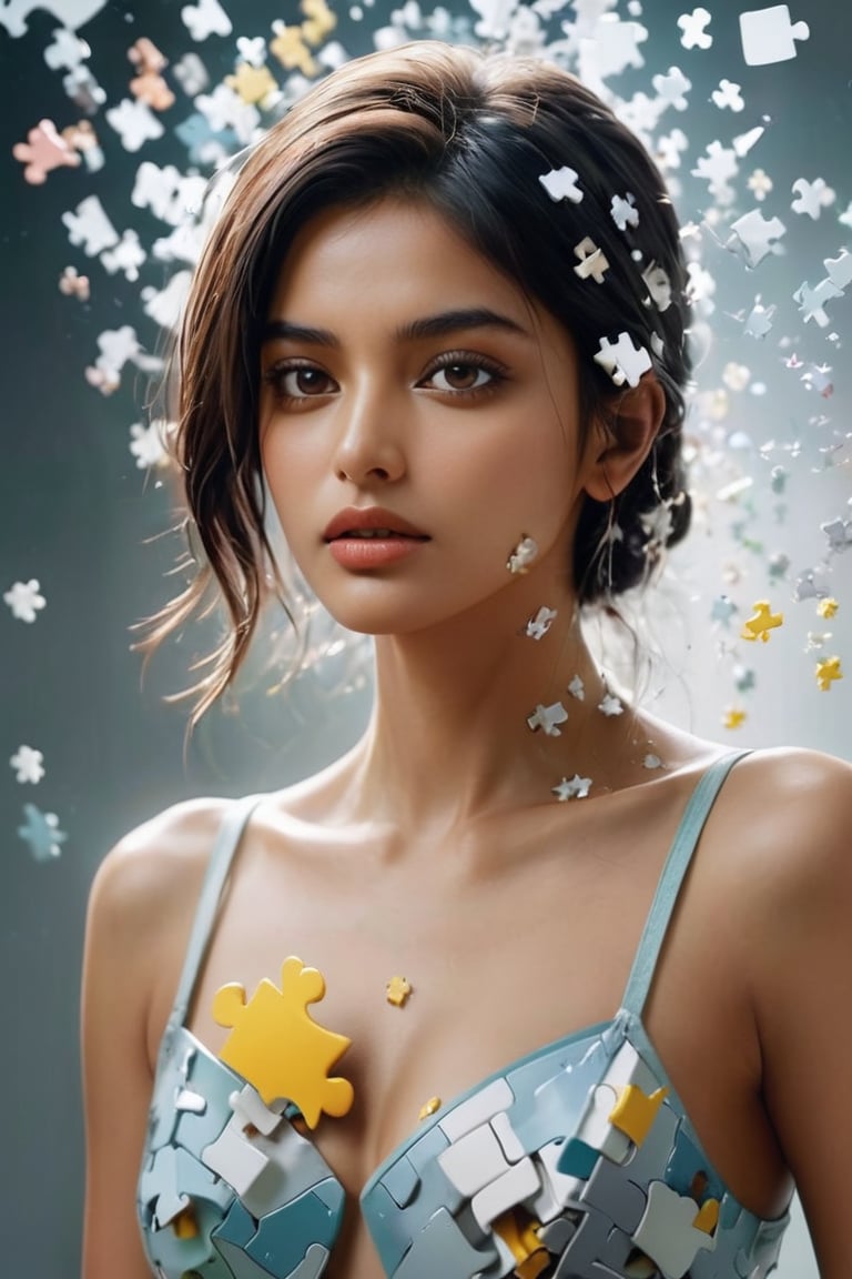 hyperrealistic, best quality, masterpiece, analog film photo, studio lighting. A commercial photography of a hyper-realistic digital artwork featuring an Indian female model composed of puzzle pieces. The right side of her figure is artistically depicted as being blown away, scattering into the air. Her expression is serene, contrasting with the dynamic disassembly of her form. The pieces are finely detailed, each reflecting light uniquely, adding a sense of depth and complexity to the image. The color scheme of the artwork is subtle, with natural tones that emphasize the surreal yet delicate nature of the scene. 