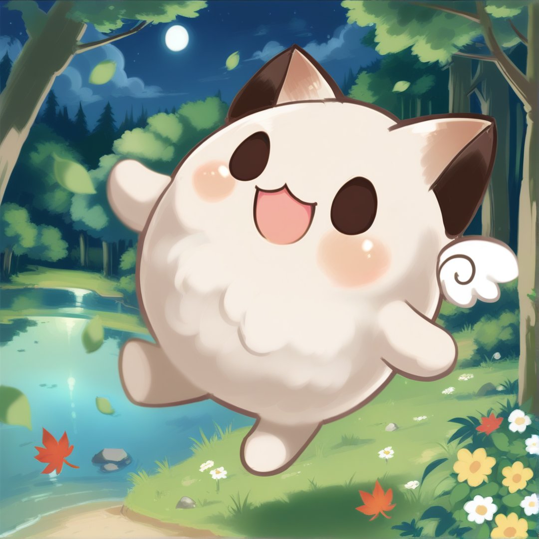  owly , 1creature , no human , solo , small wings , cute , big brown ears , animal ears , cat ears , open mouth , forest , leaf , flowers , lake , beautiful grass ,  dance , happy , night , moonlight