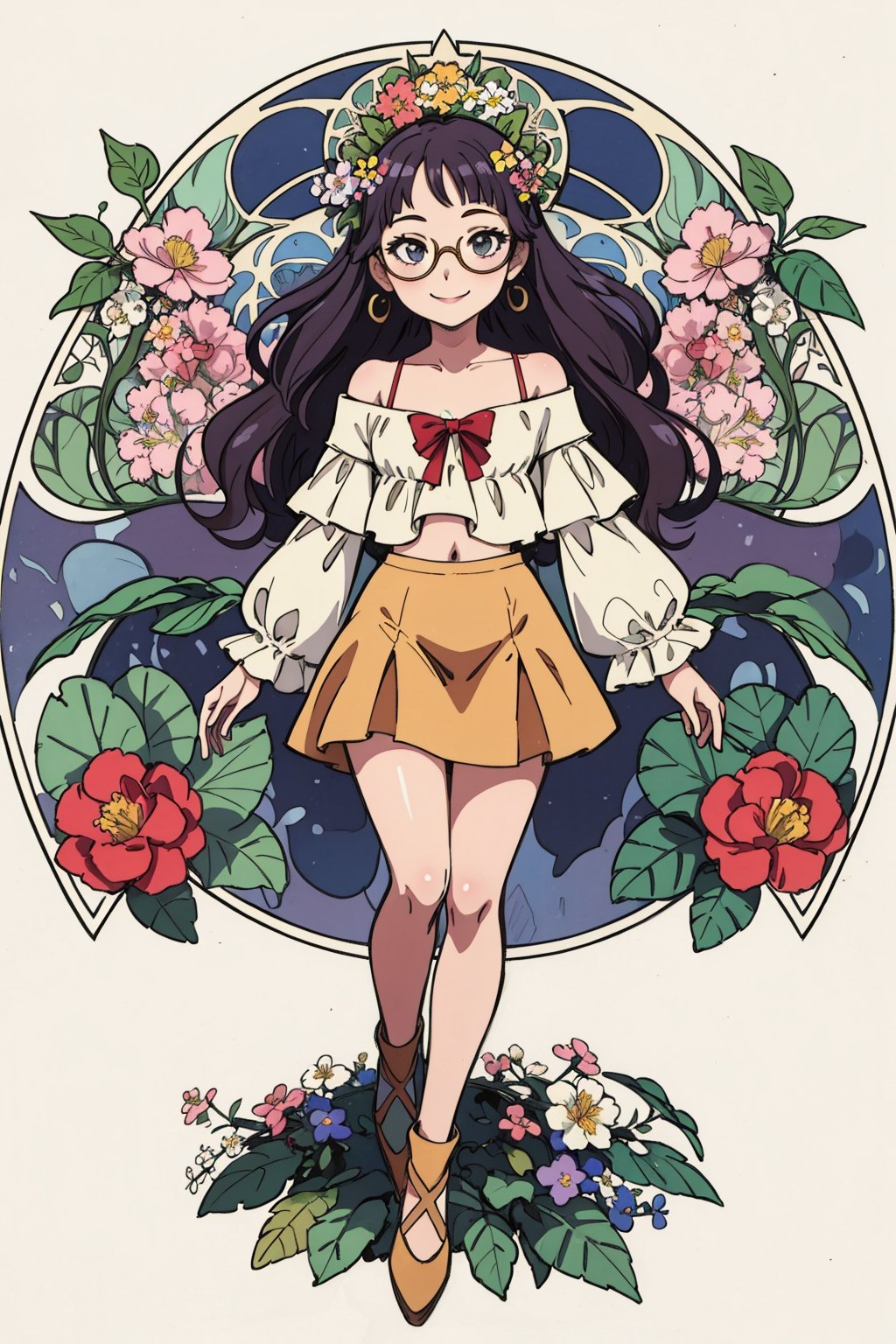 analog, (watercolor:0.4), hand drawn, Art Nouveau, rococo, Alphonse Mucha, anime face, 1 little girl, loli, bookworm, glasses, light smile, dress, hair ornaments, crop top, off shoulder, mini skirt, flowers, leafs, Bourgeois, full body,High detailed ,Detailedface