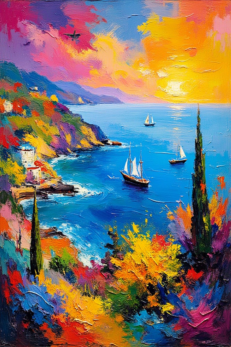 "Bold, expressive, (vivid colors:1.4), (dynamic brushwork:1.3), (simplified forms:1.3), (textured strokes:1.2), (color-driven composition:1.4), (oil painting:1.4), Fauvism, in the style of August Macke. A bright and lively coastal landscape, featuring a view of a bustling port, filled with ships of every make and nationality. The scene overlooks a vibrant blue ocean with abstract sailboats drifting in the distance. The sky is rendered in expressive, non-realistic colors, blending with the water to create a vivid and energetic atmosphere, abstract planes flying in the distance. The painting style prioritizes bold colors and emotional expression over fine details, capturing the essence of the landscape through rich hues and spontaneous, dynamic brushstrokes."