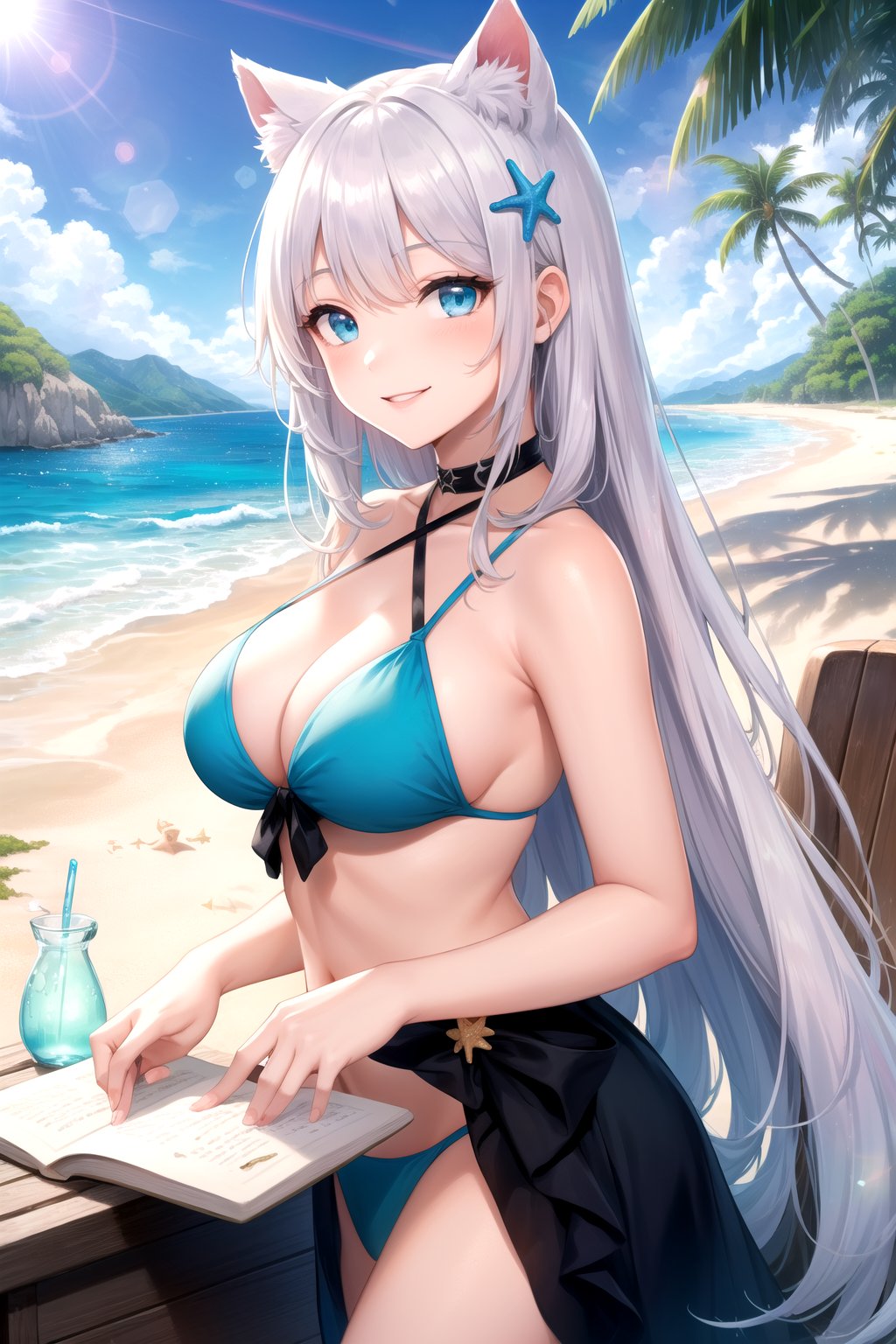 ((8K, masterpiece:1.2),(best quality), 1girl, solo, (white long hair), swept back hair, blue sky, books, notebooks, ultra detailed moss green eyes, ultra detailed background, smile, ((scenery)), ((lens flare)), 1 girl cat ears silver long hair with blue eyes black folded long dress, many [bottles:sphere:0.2], golden light, mana light, star trail, colorful, ((beach scenery)), ray light,smile:1.2, (bikini), bikini ornament, many crystals in wooden chest, golden light,[crystal:daylight:0. 5], botanical ornaments, botanical books, potion in glass bottle, (bioluminescence:1.2), vibrant color, bright pupils, (realistic shades)