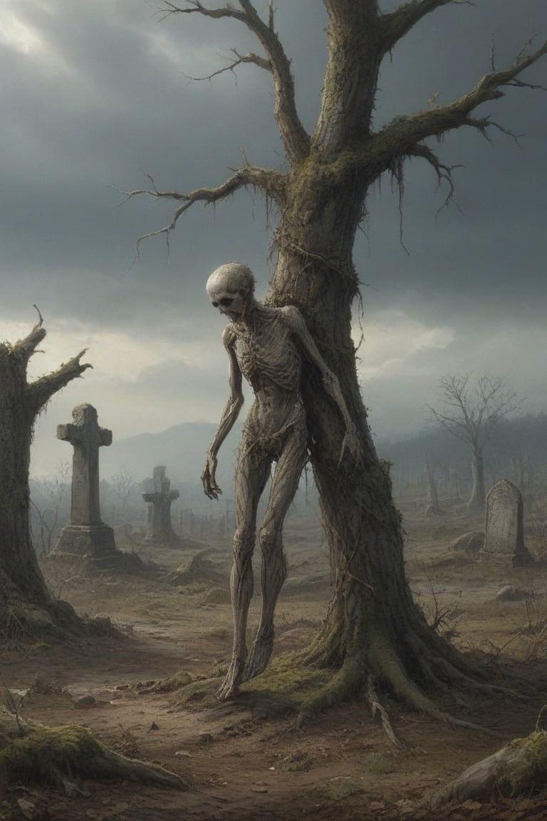 A desolate cemetery landscape: the dead body of a lone macilent  skinny man, consumed by despair, hangs precariously from a rope tied to his neck with a slip knot, from a withered tree branch, surrounded by sparse, dry foliage and crumbling tombstones overgrown with moss, brittle branches, and tangled roots. Gray clouds dominate the sky, only partially illuminated by the winter sun's faint light.
His corpse hangs suspended two meters from the ground, from the rope from his broken neck, swaying in the air, due to the wind that also moves the dry branches, and makes the dry and loose leaves fly. If you look that scene, you only can think in desolation, sadness and despair. His arms and legs are down. The air between his feet and soil is invaded by mist.