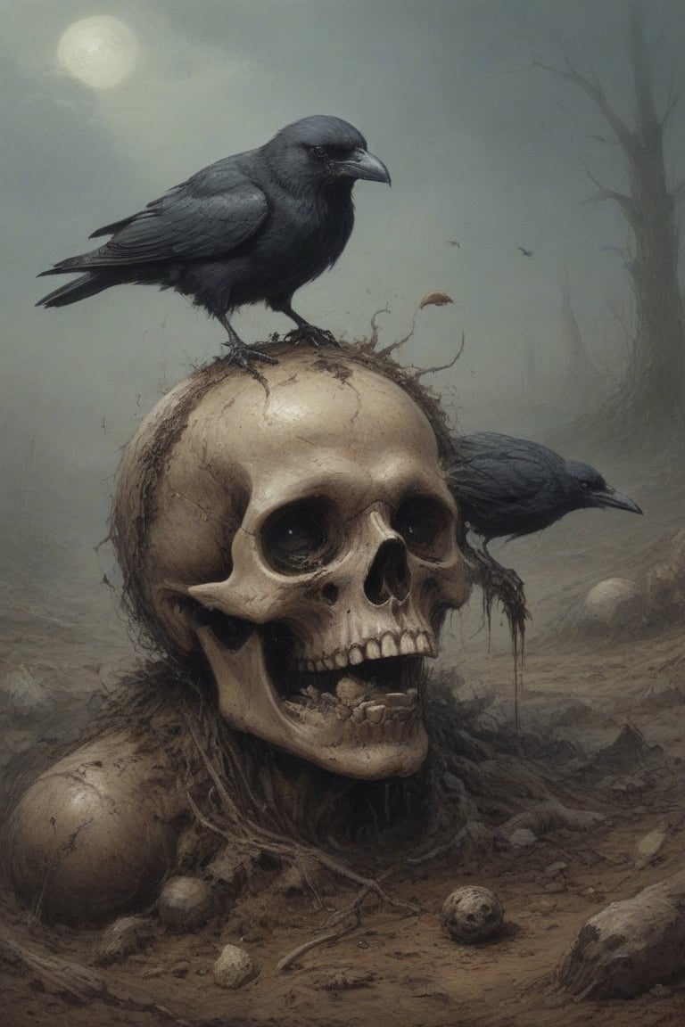 A wormy putrid head. In one socket, the dry eye has a horrible fly. Pieces of rotting flesh still remain in the skull. A crow pecks what's left of the eye, feeding on the decomposed remains. The putrid dead man's head is laying in a wormed soil, the air is overwhelmed by mist and flies. 