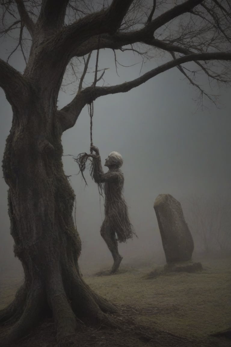 A desolate cemetery landscape: the dead body of a lone man, consumed by despair, hangs precariously from a rope tied to his neck with a slip knot, from a withered tree branch, surrounded by sparse, dry foliage and crumbling tombstones overgrown with moss, brittle branches, and tangled roots. Gray clouds dominate the sky, only partially illuminated by the winter sun's faint light.
His inert gray body hangs from the rope from his broken neck, swaying in the air, due to the wind that also moves the dry branches, and makes the dry and loose leaves fly. If you look that scene, you only can think in desolation, sadness and despair.