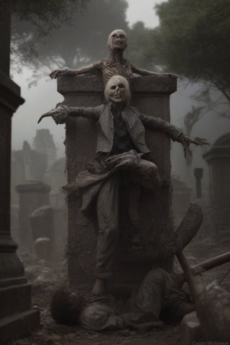 A desecrated cemetery at dusk, the once-peaceful grounds now overrun by a chaotic mob of deranged civilians. Grave markers and mausoleums are ravaged as the crowd of crazed faces descends upon the resting place, coffins shattered and bodies ripped from their jumper slumber. The corpses, now instruments for the living's twisted revelry, are manipulated into grotesque poses: a woman dangles a corpse's arms like a marionette, while a man uses a body as a makeshift puppet to reenact a macabre waltz. A child crouches amidst the chaos, laughing maniacally as they mutilate a cadaver's face with a rusty gate. 