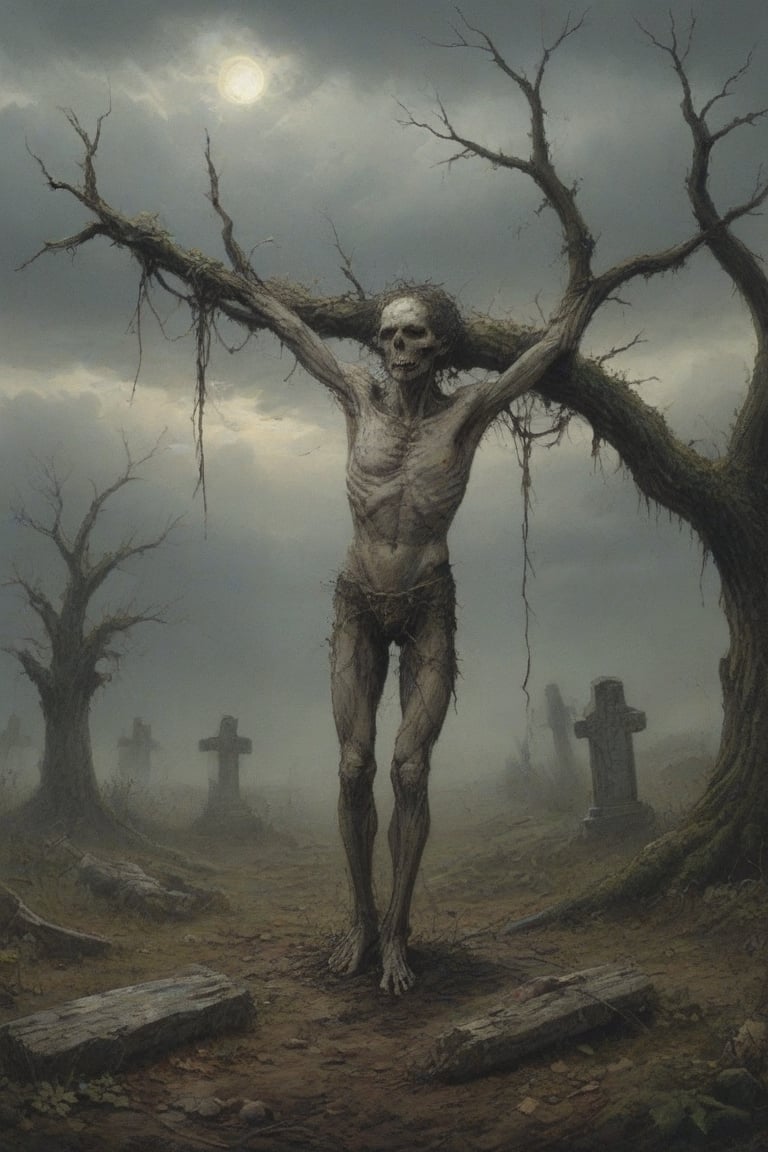 A desolate cemetery landscape: the dead body of a lone macilent  skinny man, consumed by despair, hangs precariously from a rope tied to his neck with a slip knot, from a withered tree branch, surrounded by sparse, dry foliage and crumbling tombstones overgrown with moss, brittle branches, and tangled roots. Gray clouds dominate the sky, only partially illuminated by the winter sun's faint light.
His corpse hangs suspended two meters from the ground, from the rope from his broken neck, swaying in the air, due to the wind that also moves the dry branches, and makes the dry and loose leaves fly. If you look that scene, you only can think in desolation, sadness and despair. His arms and legs are down. The air between his feet and soil is invaded by mist.