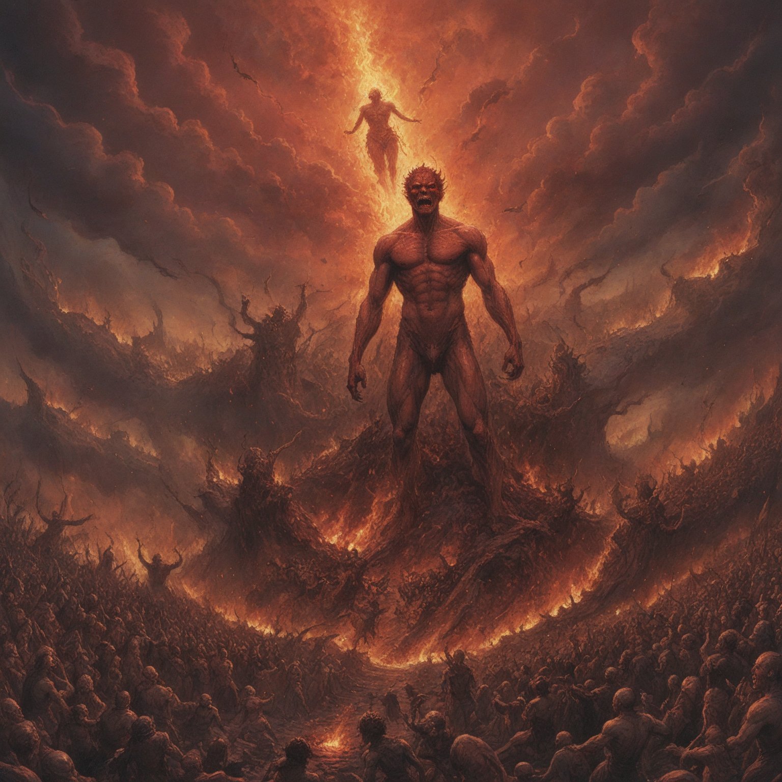 Up left: a red demon menacing the rest of illustration. 
Down: a crowd twisting in hell's flames, their faces are in profound pain and suffering, all of them , women, men, child, are without clothes, their skin is burnt and in flames.
Up: the sky is covered by red clouds and the shape of small demos flying.